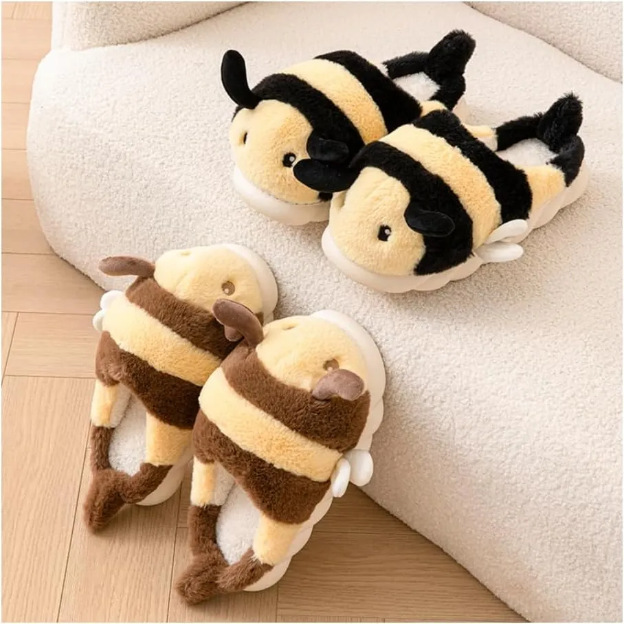 Baiyuruodie Cute Bee Slippers: Unisex Soft Plush Comfortable, Non-Slip, Warm Animal House Slippers for Men and Women
