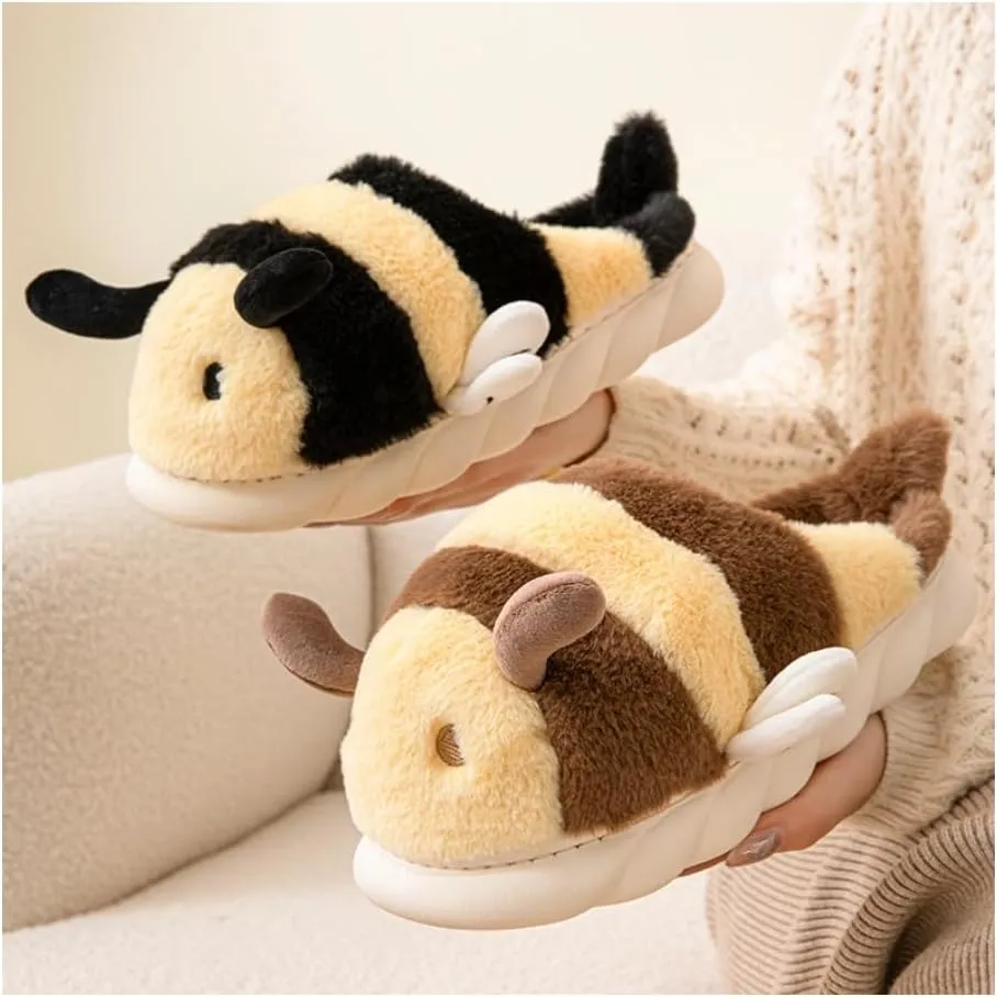 Baiyuruodie Cute Bee Slippers: Unisex Soft Plush Comfortable, Non-Slip, Warm Animal House Slippers for Men and Women
