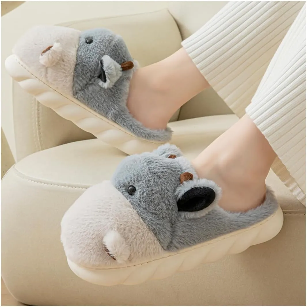 Baiyuruodie Women's & Men's Animal Slippers - Hippopotamus Design, Slip Resistant & Warm