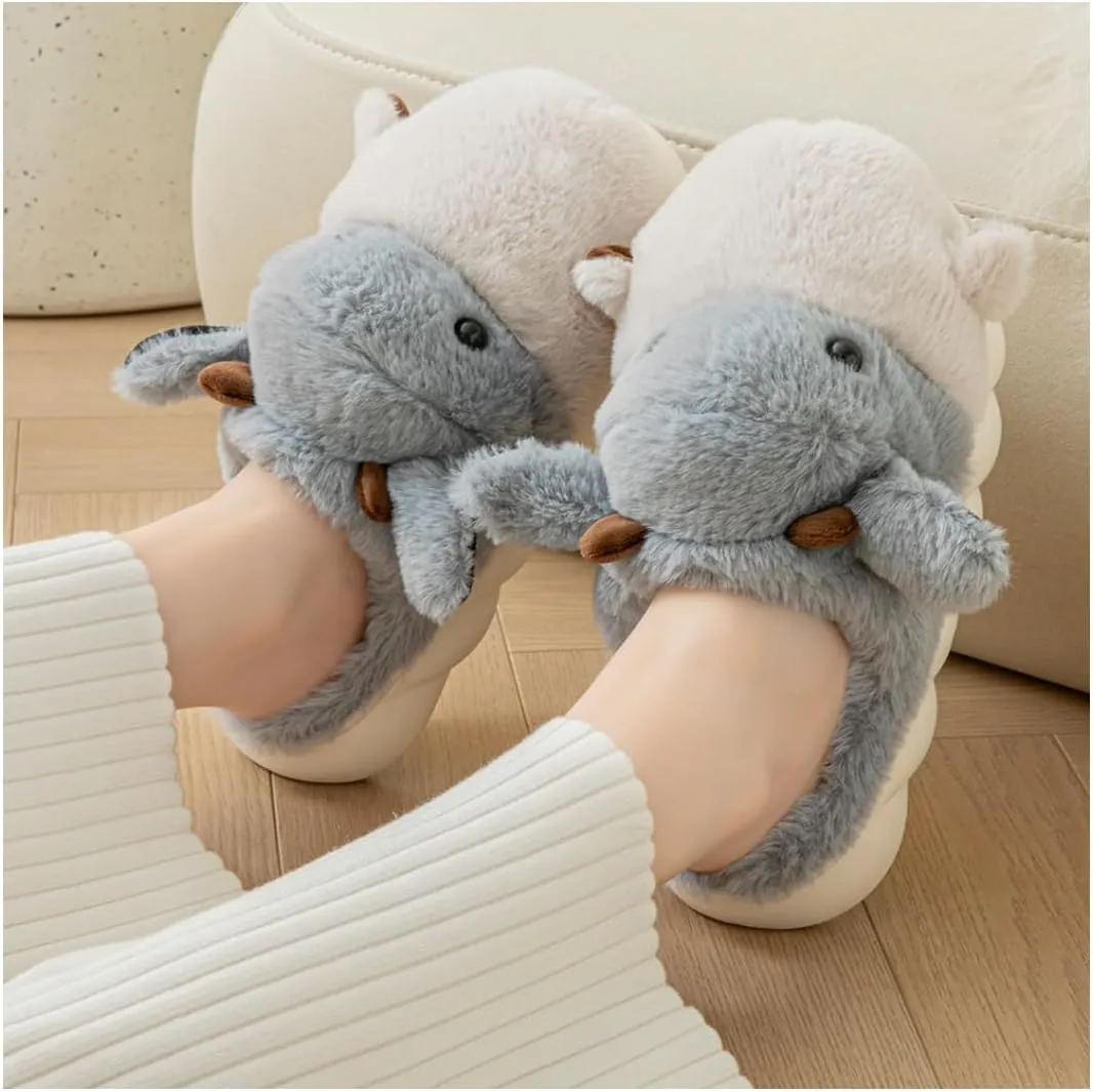 Baiyuruodie Women's & Men's Animal Slippers - Hippopotamus Design, Slip Resistant & Warm