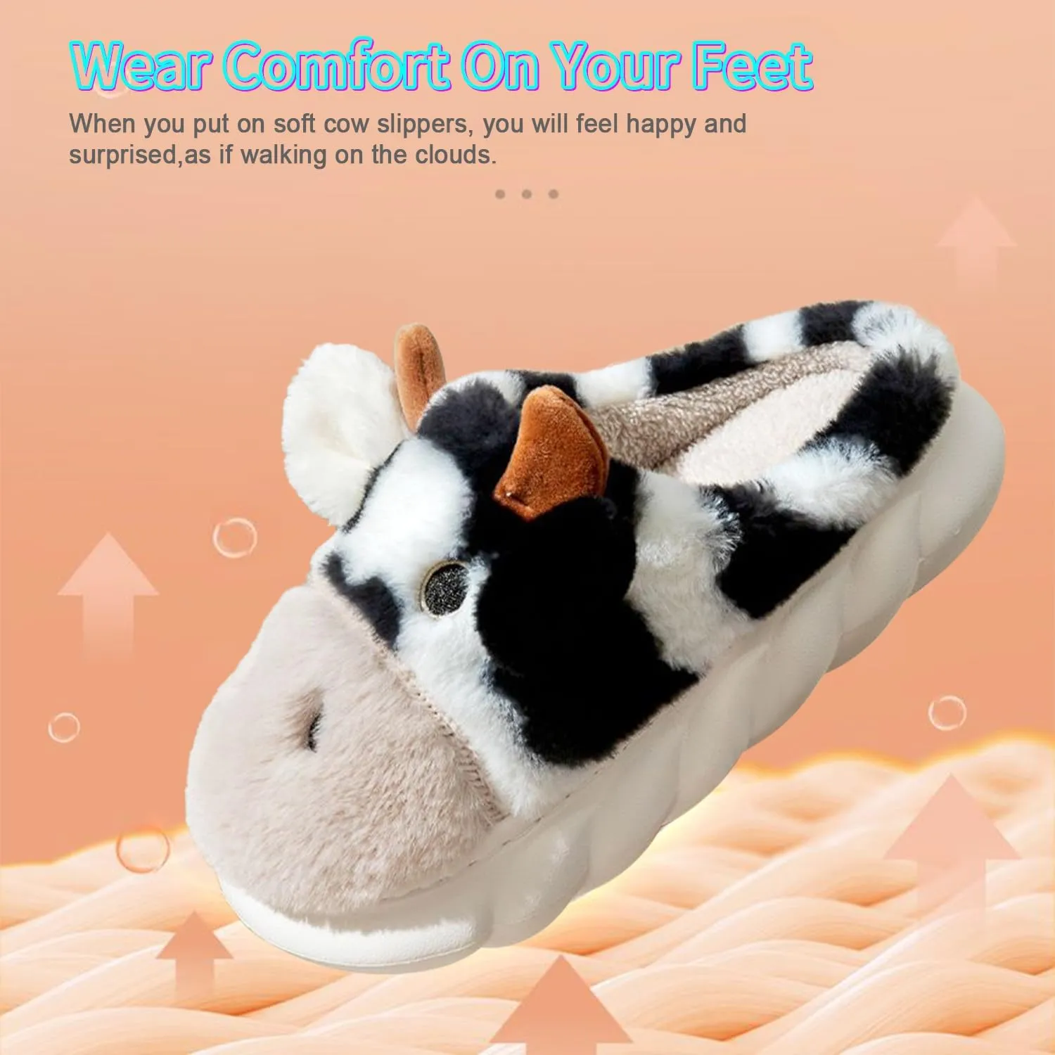 Cartoon BlackCow Cotton Slippers,Cute Animal Fuzzy Slippers for women,Winter Indoor Outdoor Slippers,Non-Skid Shoes for men