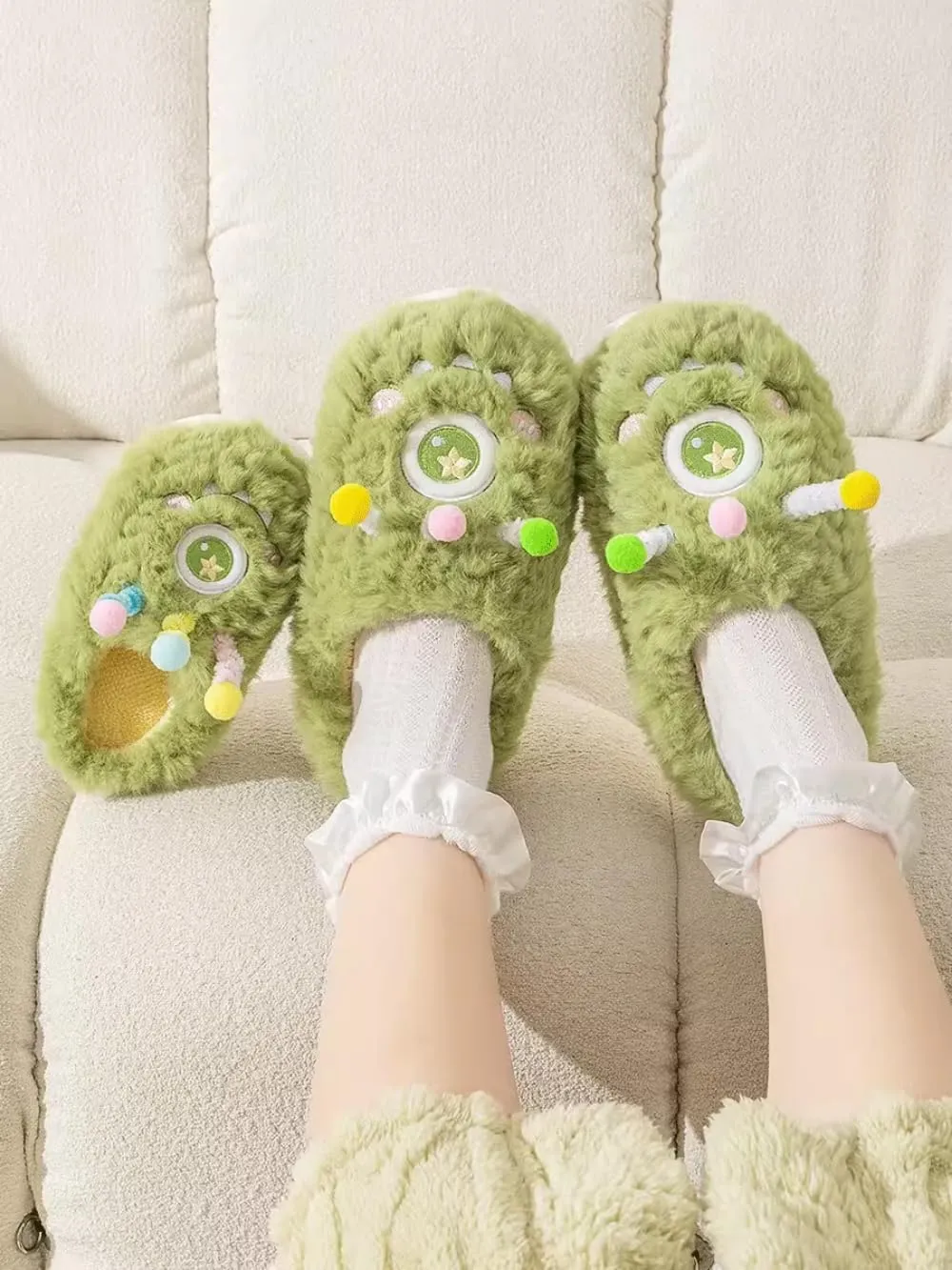 Cute Monster Fuzzy Women's Slippers Winter Fluffy Open Toe Slip On Plush Bedroom Shoes Indoor
