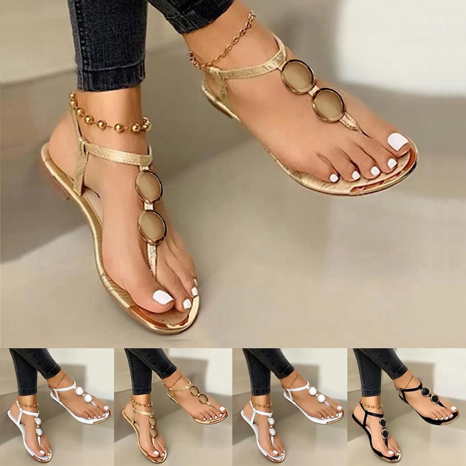 Eduavar Sandals for Women Casual, Sandals Women Summer Beach Sandals Black Sandals Flat Slippers Ring Toe Sandals