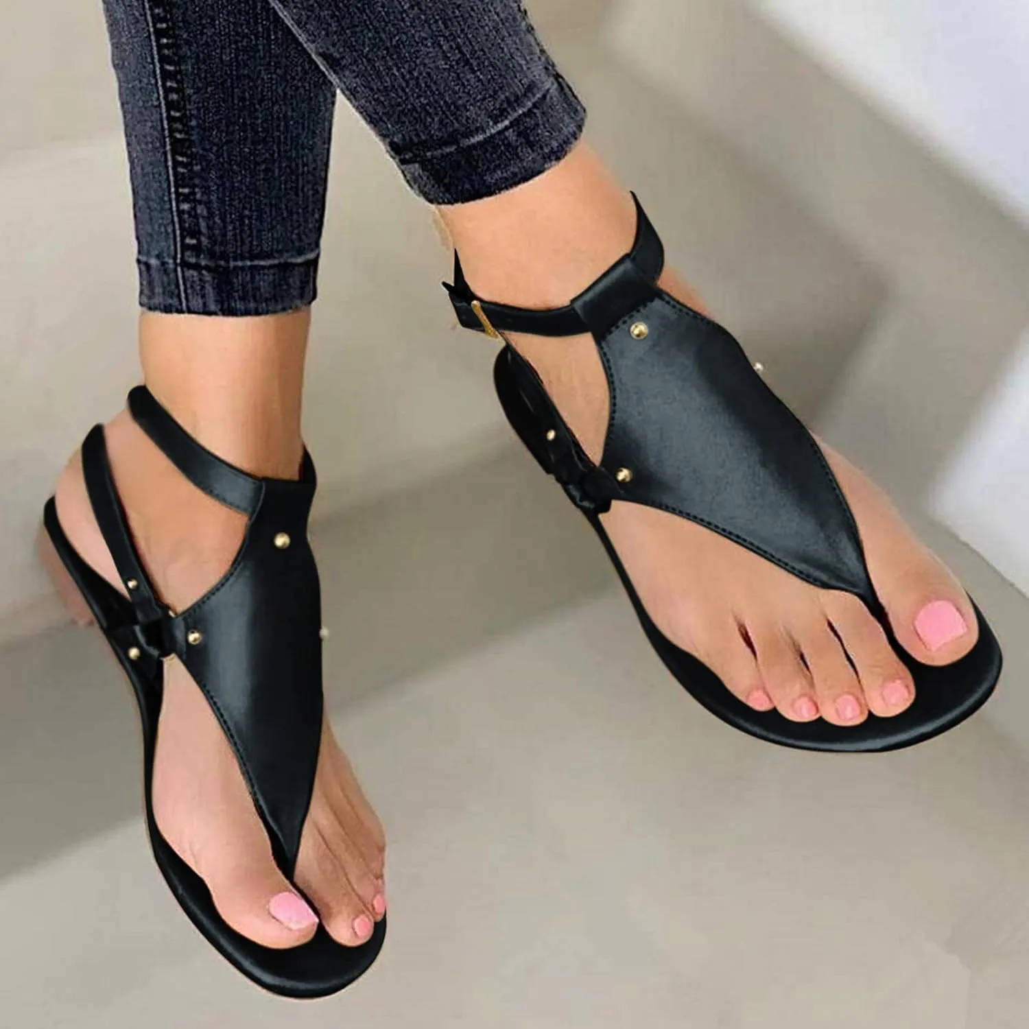 Eduavar Sandals for Women Dressy Summer, Flat Sandals for Women Summer Beach Open Toe Flip Flops Sandals with Buckle Strap