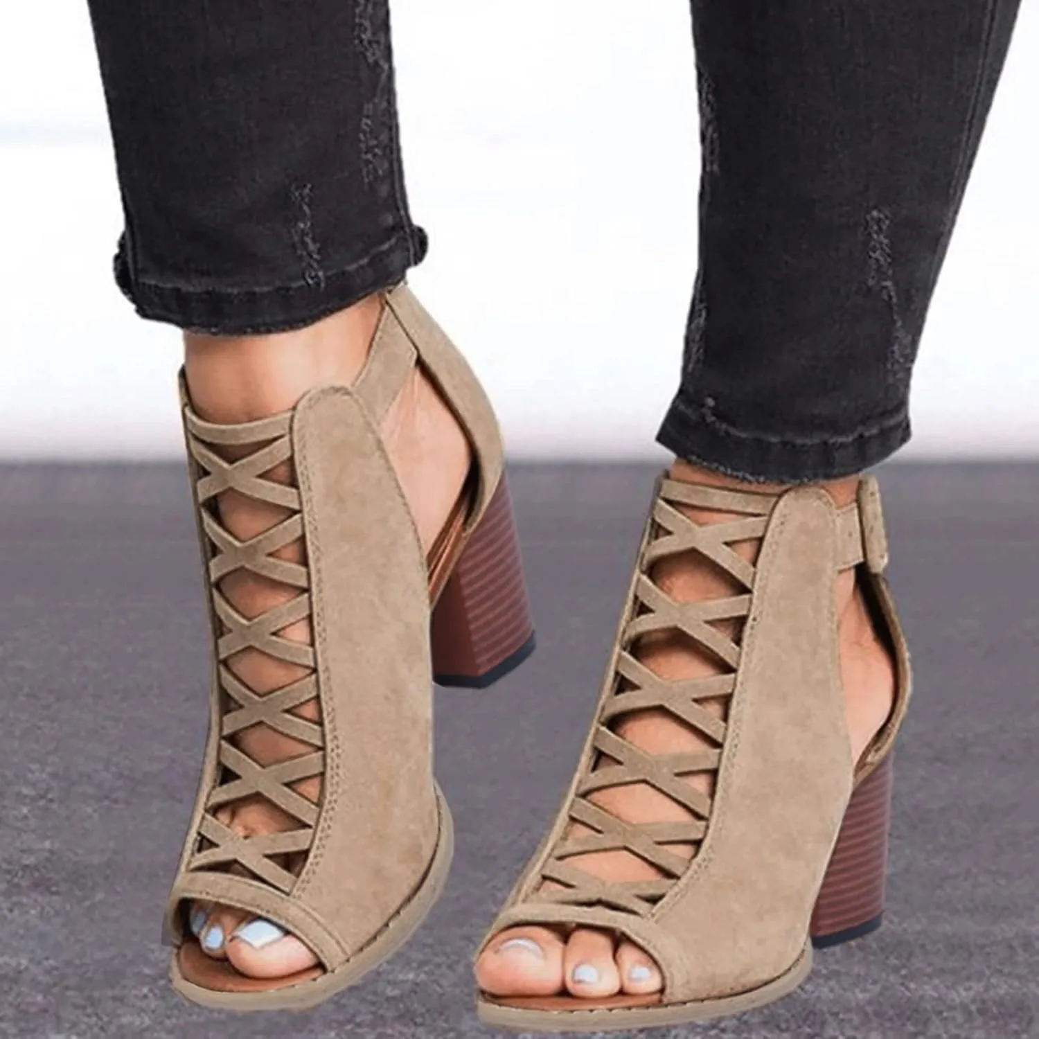 Eduavar Womens Sandals Comfortable, Sandals Women Fahsoin Aran Open Toe Heel Sandal Cut Out Boots Sandals with Ankle Strap