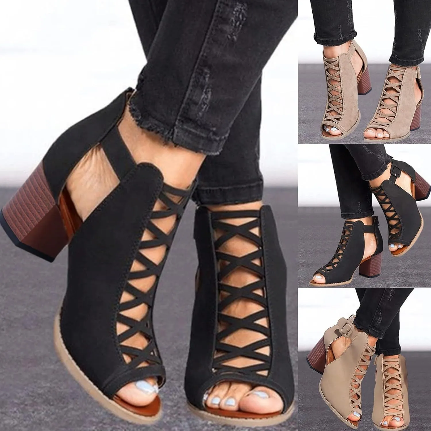 Eduavar Womens Sandals Comfortable, Sandals Women Fahsoin Aran Open Toe Heel Sandal Cut Out Boots Sandals with Ankle Strap