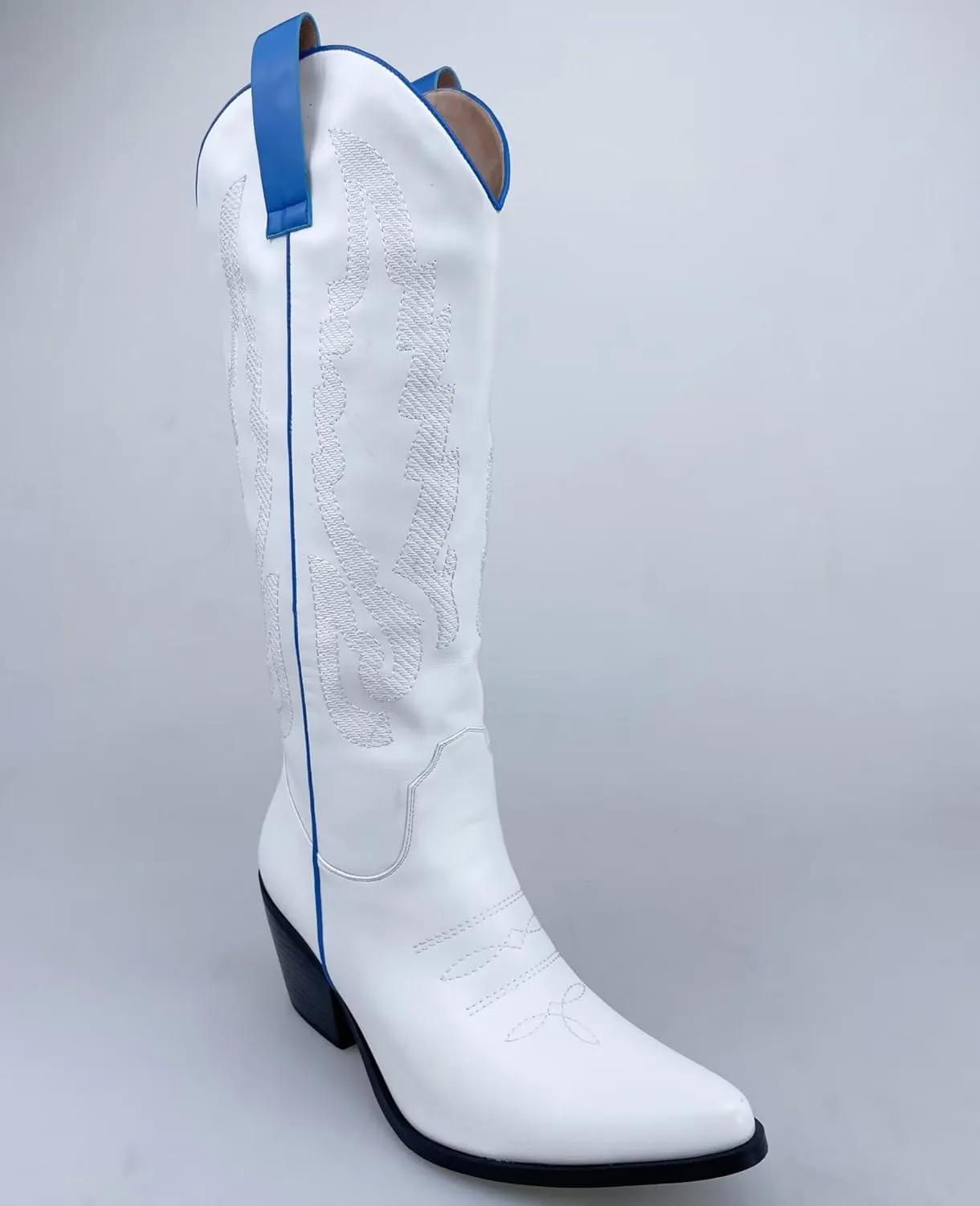 Frankie Hsu Women's Embroidered Western Cowboy Boots Knee High Stitching White Blue Almond Heeled Chunky Heel Fashion Retro Wide Calf Big Size Pull-On Shoes