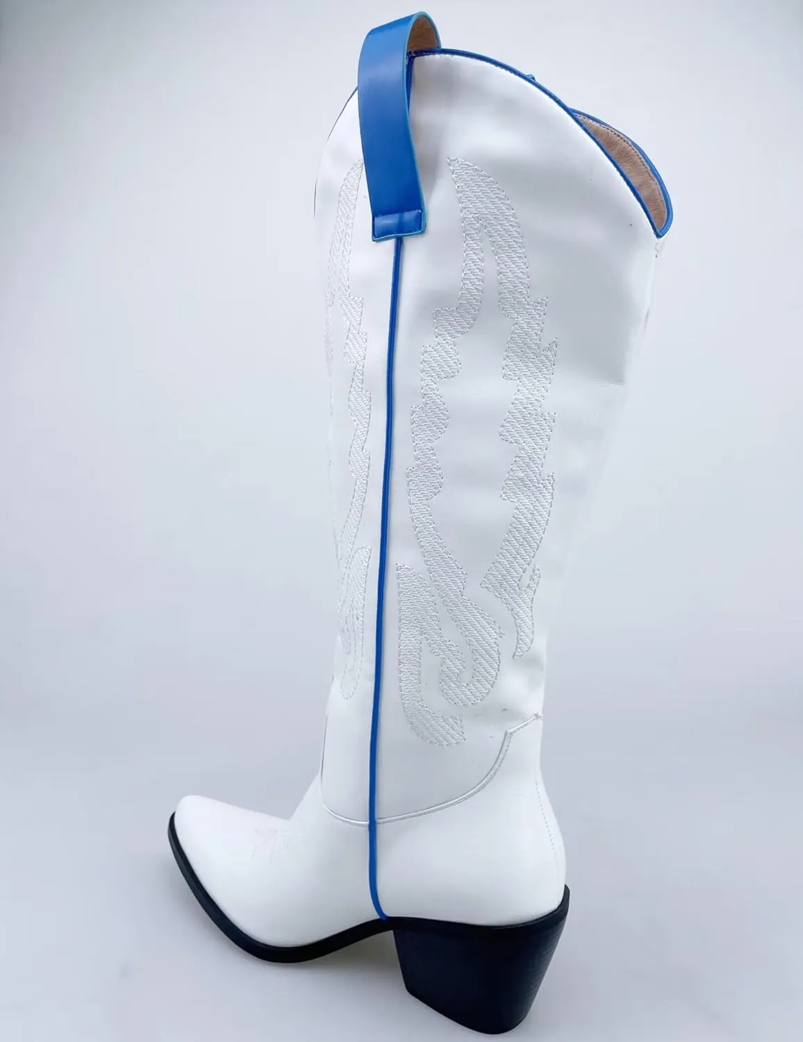 Frankie Hsu Women's Embroidered Western Cowboy Boots Knee High Stitching White Blue Almond Heeled Chunky Heel Fashion Retro Wide Calf Big Size Pull-On Shoes