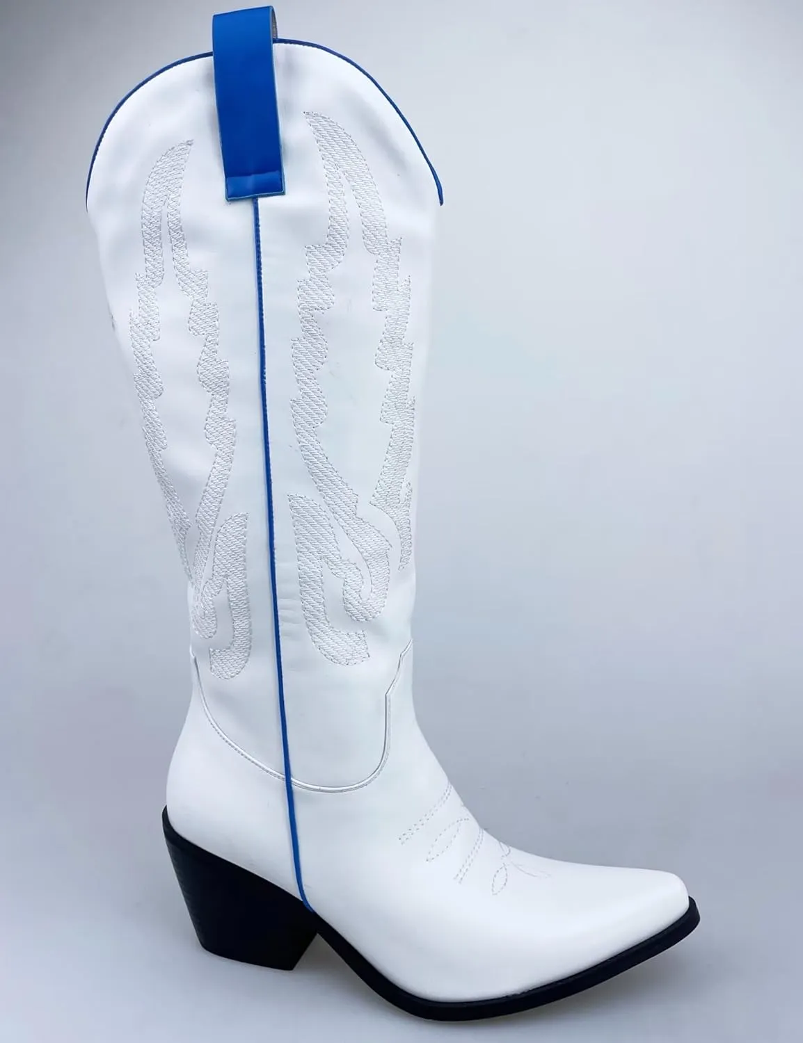 Frankie Hsu Women's Embroidered Western Cowboy Boots Knee High Stitching White Blue Almond Heeled Chunky Heel Fashion Retro Wide Calf Big Size Pull-On Shoes