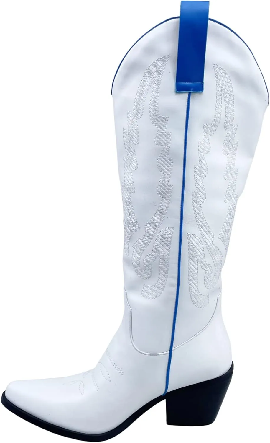 Frankie Hsu Women's Embroidered Western Cowboy Boots Knee High Stitching White Blue Almond Heeled Chunky Heel Fashion Retro Wide Calf Big Size Pull-On Shoes