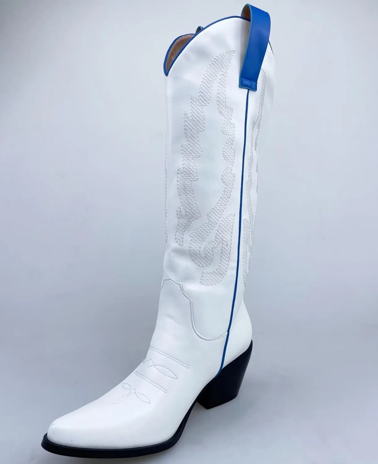 Frankie Hsu Women's Embroidered Western Cowboy Boots Knee High Stitching White Blue Almond Heeled Chunky Heel Fashion Retro Wide Calf Big Size Pull-On Shoes
