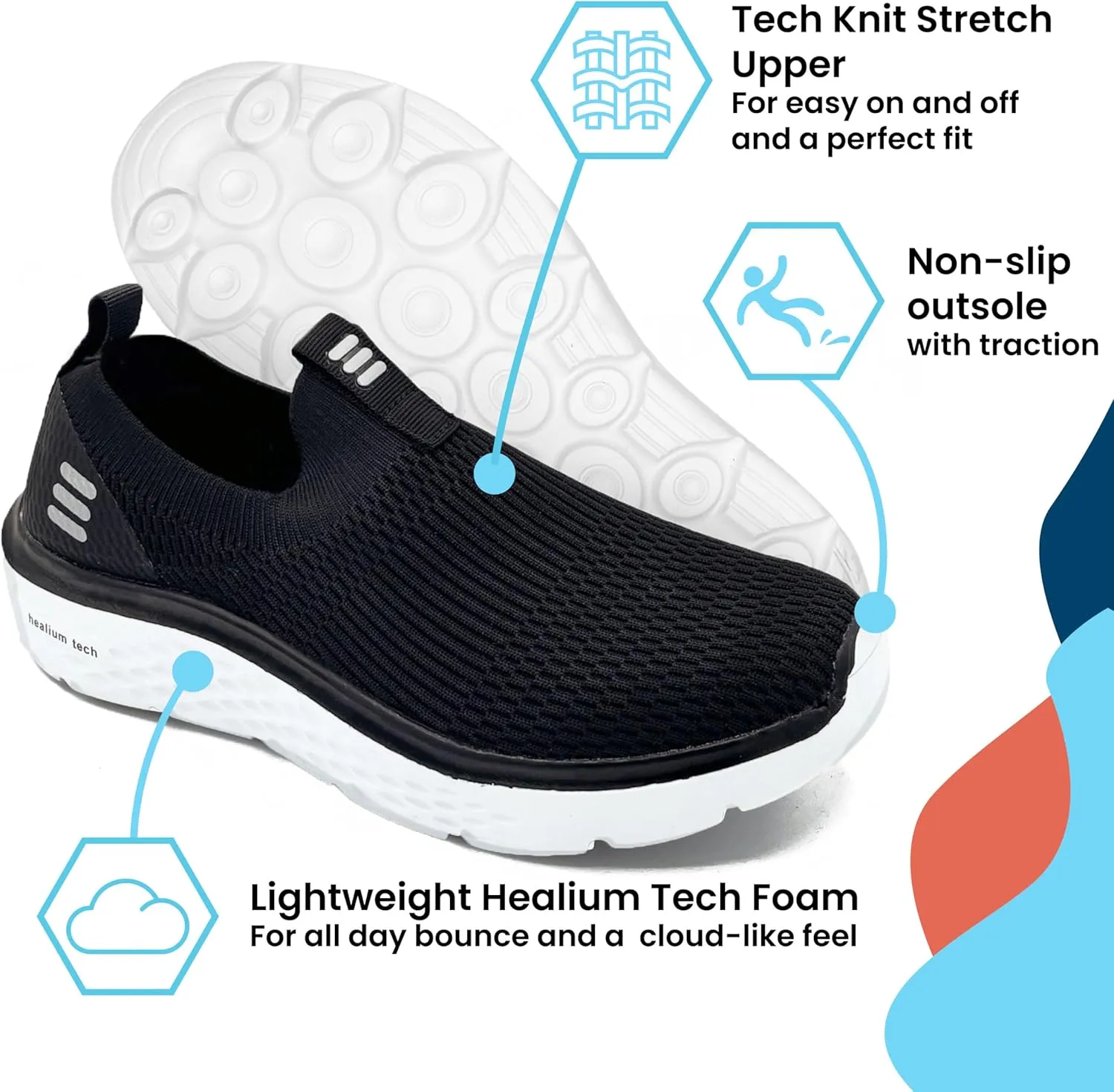 HUHV Tech Knit Unisex Lace-Up and Slip-On Recovery Lifestyle Walking and Athletic Shoe with HEALIUM Foam Lightweight Casual Non-Slip Comfortable Sneaker