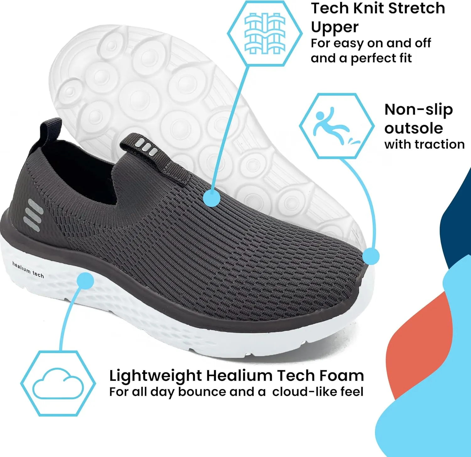 HUHV Tech Knit Unisex Lace-Up and Slip-On Recovery Lifestyle Walking and Athletic Shoe with HEALIUM Foam Lightweight Casual Non-Slip Comfortable Sneaker