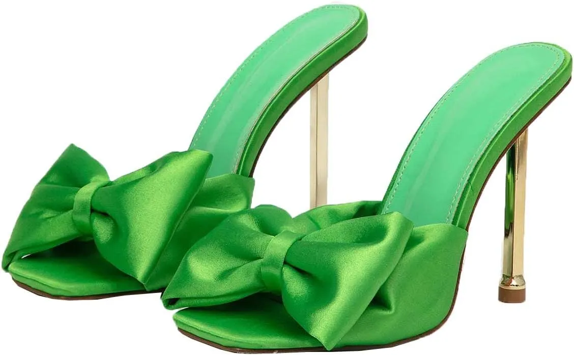 JOEupin Women's Square Toe Bow Knot Backless Slides Slip On Mules Stilettos Wedding Party Dress Mule Sandals