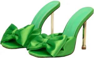 JOEupin Women's Square Toe Bow Knot Backless Slides Slip On Mules Stilettos Wedding Party Dress Mule Sandals