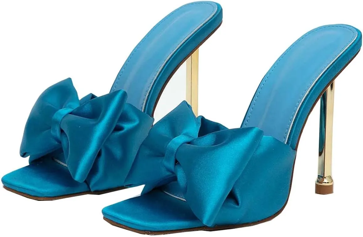 JOEupin Women's Square Toe Bow Knot Backless Slides Slip On Mules Stilettos Wedding Party Dress Mule Sandals