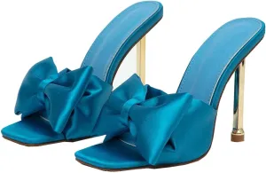 JOEupin Women's Square Toe Bow Knot Backless Slides Slip On Mules Stilettos Wedding Party Dress Mule Sandals