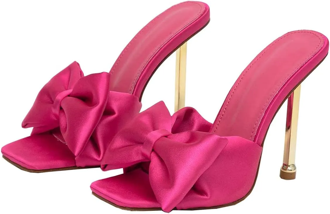 JOEupin Women's Square Toe Bow Knot Backless Slides Slip On Mules Stilettos Wedding Party Dress Mule Sandals