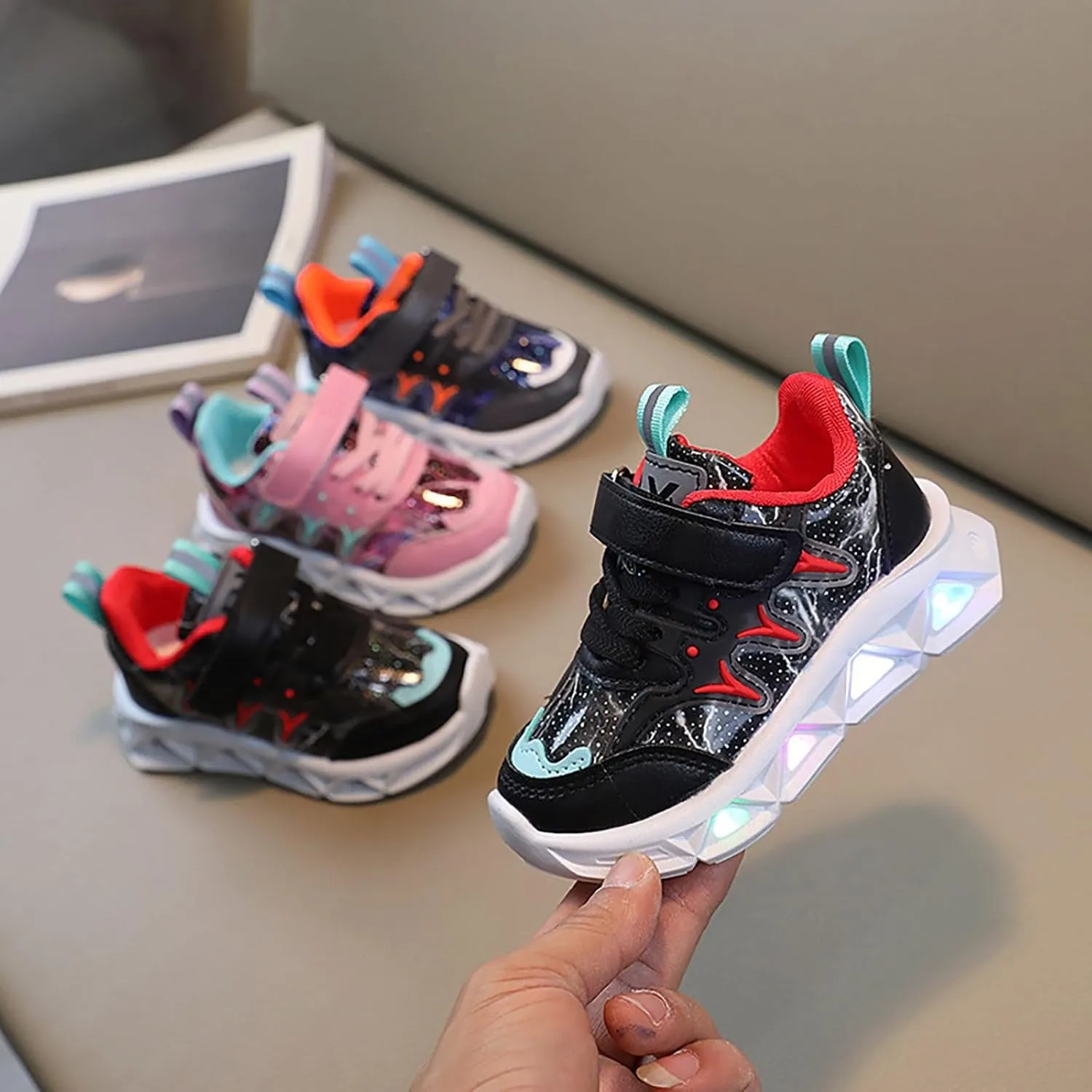 Kids LED Light Up Shoes for Boys Girls Cool Flashing Soft Sole Strap High-top Sneakers Child Unisex No Tie Shoes