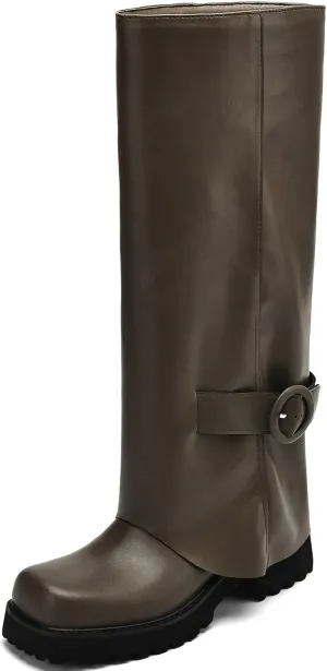 Knee High Boots Women Platform Knee High Boots for Women Square Toe Fold Over Dress Long Tall Boots