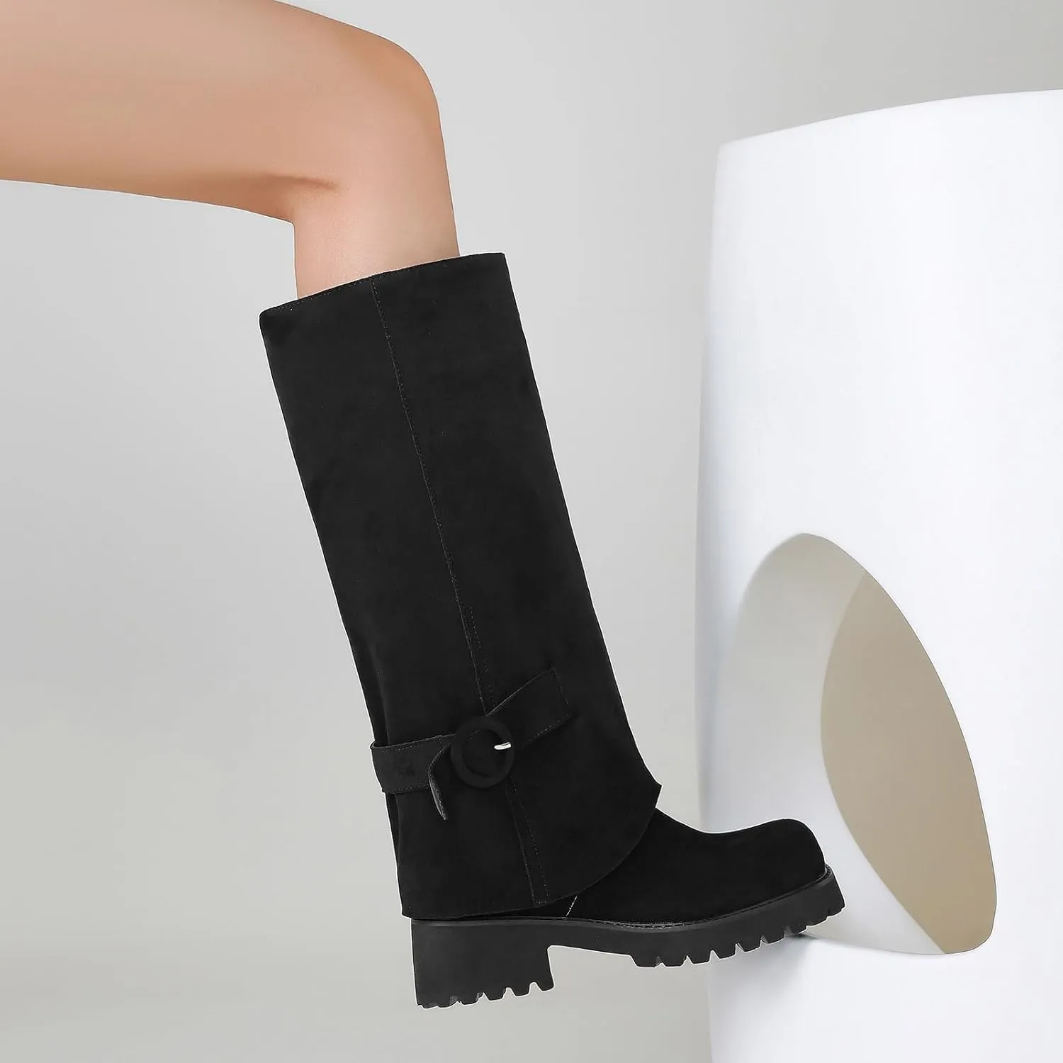 Knee High Boots Women Platform Knee High Boots for Women Square Toe Fold Over Dress Long Tall Boots