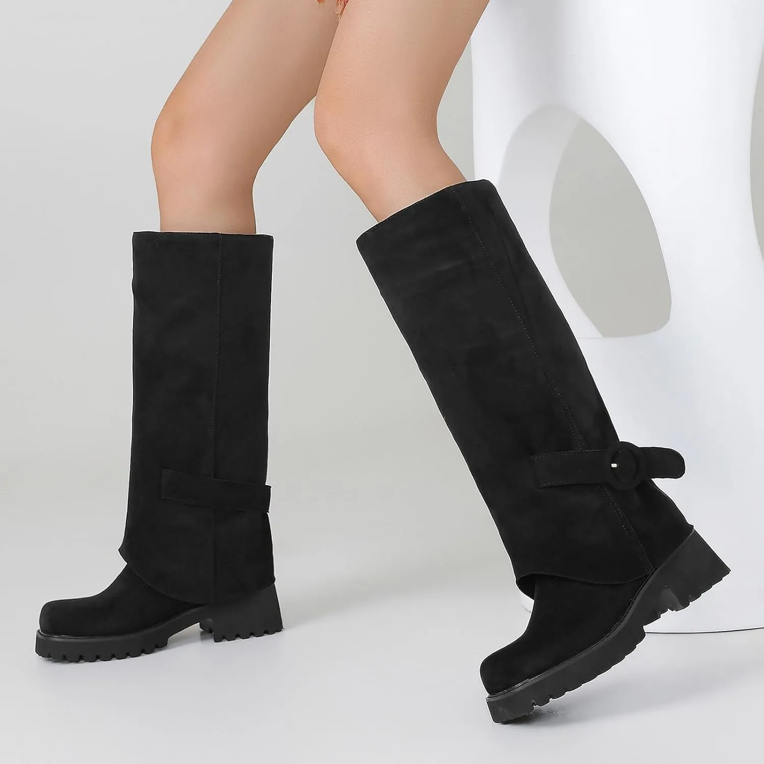 Knee High Boots Women Platform Knee High Boots for Women Square Toe Fold Over Dress Long Tall Boots