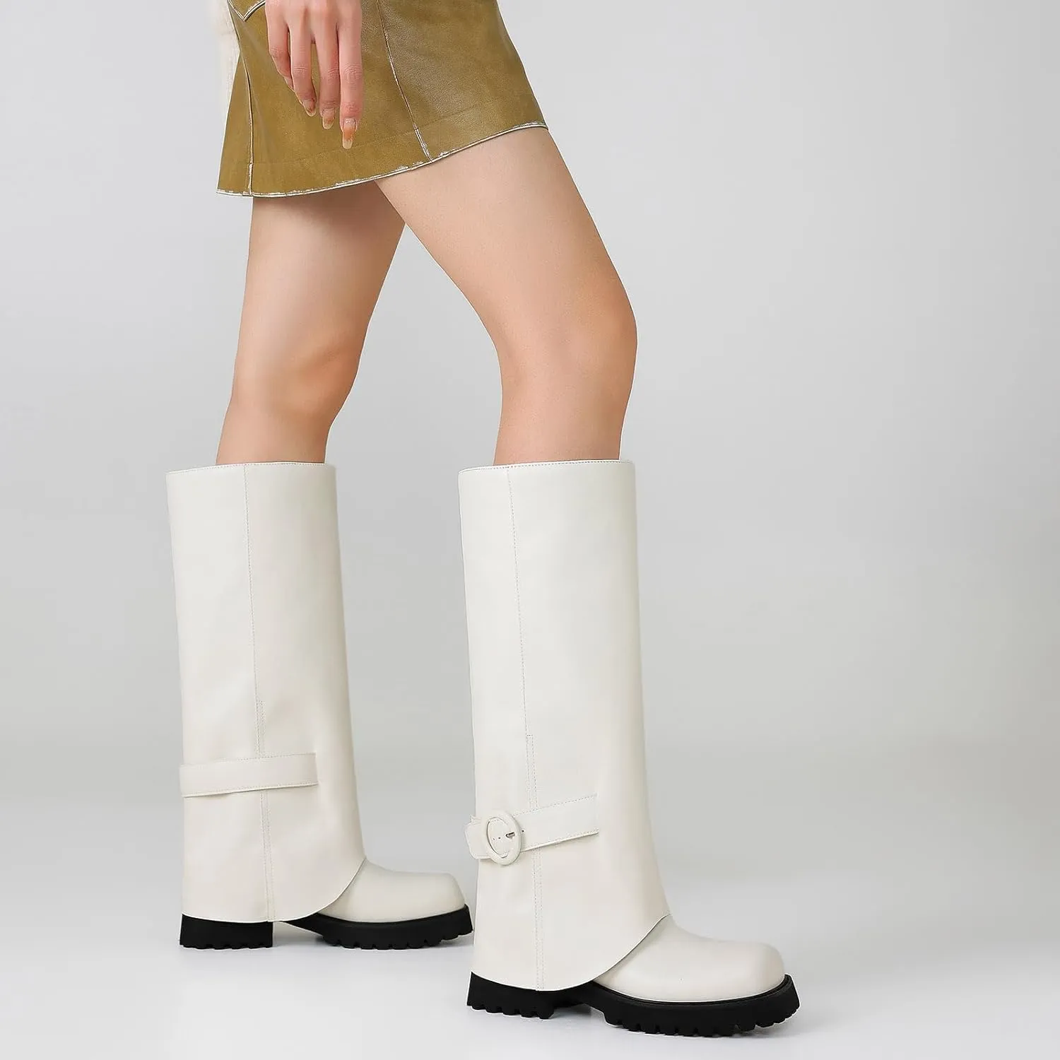 Knee High Boots Women Platform Knee High Boots for Women Square Toe Fold Over Dress Long Tall Boots
