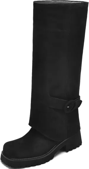 Knee High Boots Women Platform Knee High Boots for Women Square Toe Fold Over Dress Long Tall Boots