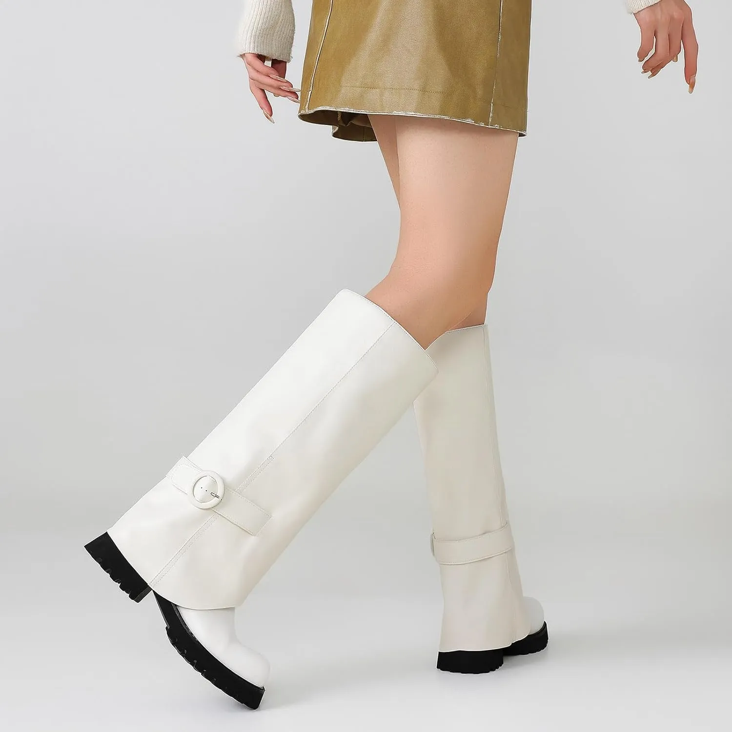 Knee High Boots Women Platform Knee High Boots for Women Square Toe Fold Over Dress Long Tall Boots