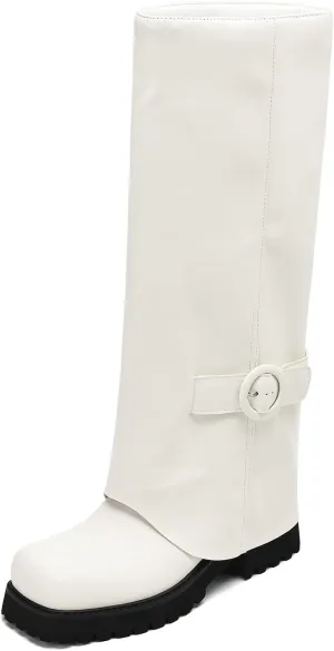 Knee High Boots Women Platform Knee High Boots for Women Square Toe Fold Over Dress Long Tall Boots