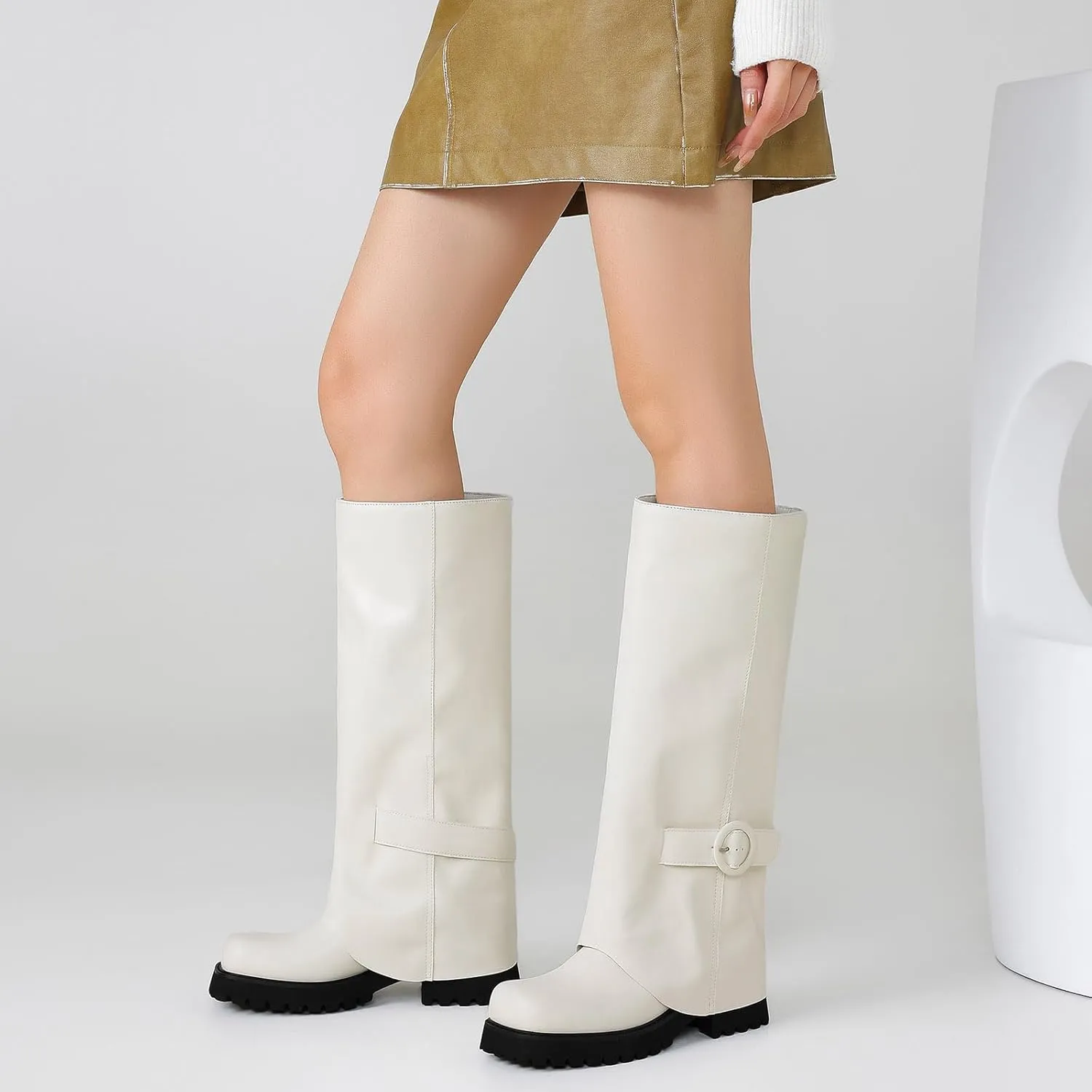 Knee High Boots Women Platform Knee High Boots for Women Square Toe Fold Over Dress Long Tall Boots