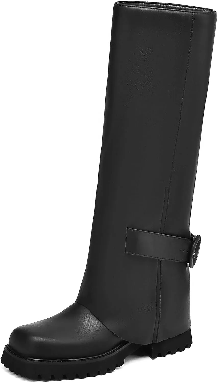 Knee High Boots Women Platform Knee High Boots for Women Square Toe Fold Over Dress Long Tall Boots