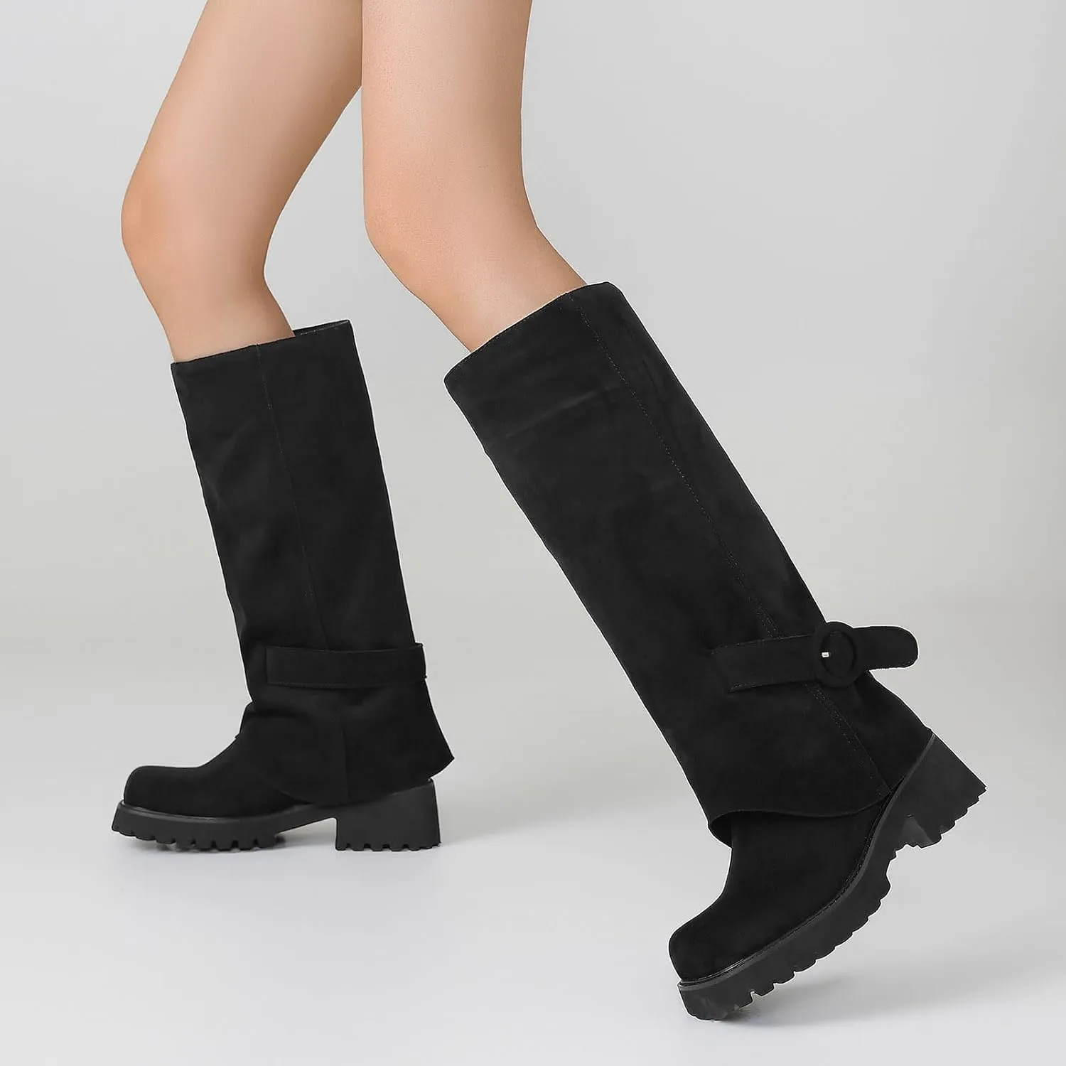 Knee High Boots Women Platform Knee High Boots for Women Square Toe Fold Over Dress Long Tall Boots