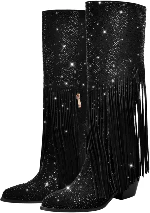 LISHAN Women's Bling bling Heel Knee High Boots Rhinestone Chunky Block Heel Pull on Shoes