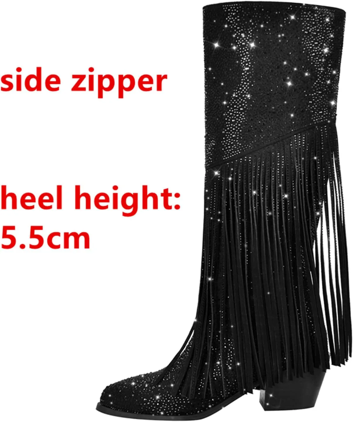 LISHAN Women's Bling bling Heel Knee High Boots Rhinestone Chunky Block Heel Pull on Shoes