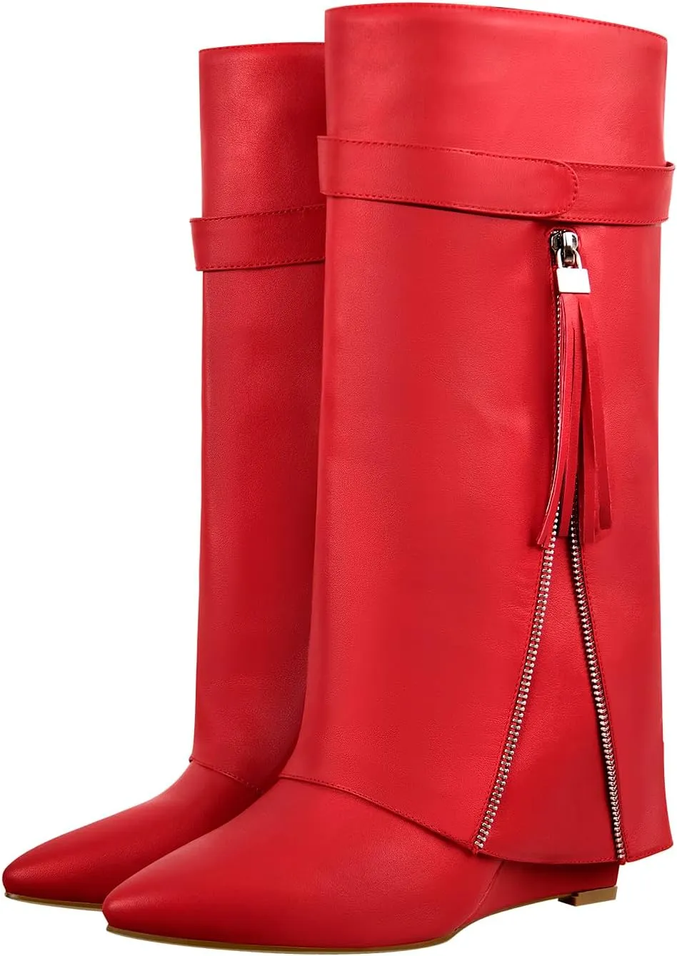 LISHAN Women's Knee High Fold over Wedge Heel Long Shark Boots Pull on Shoes