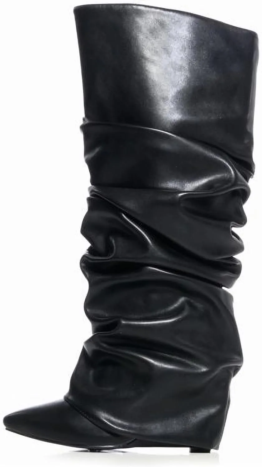 LISHAN Women's Knee High Fold over Wedge Heel Long Shark Boots Pull on Shoes