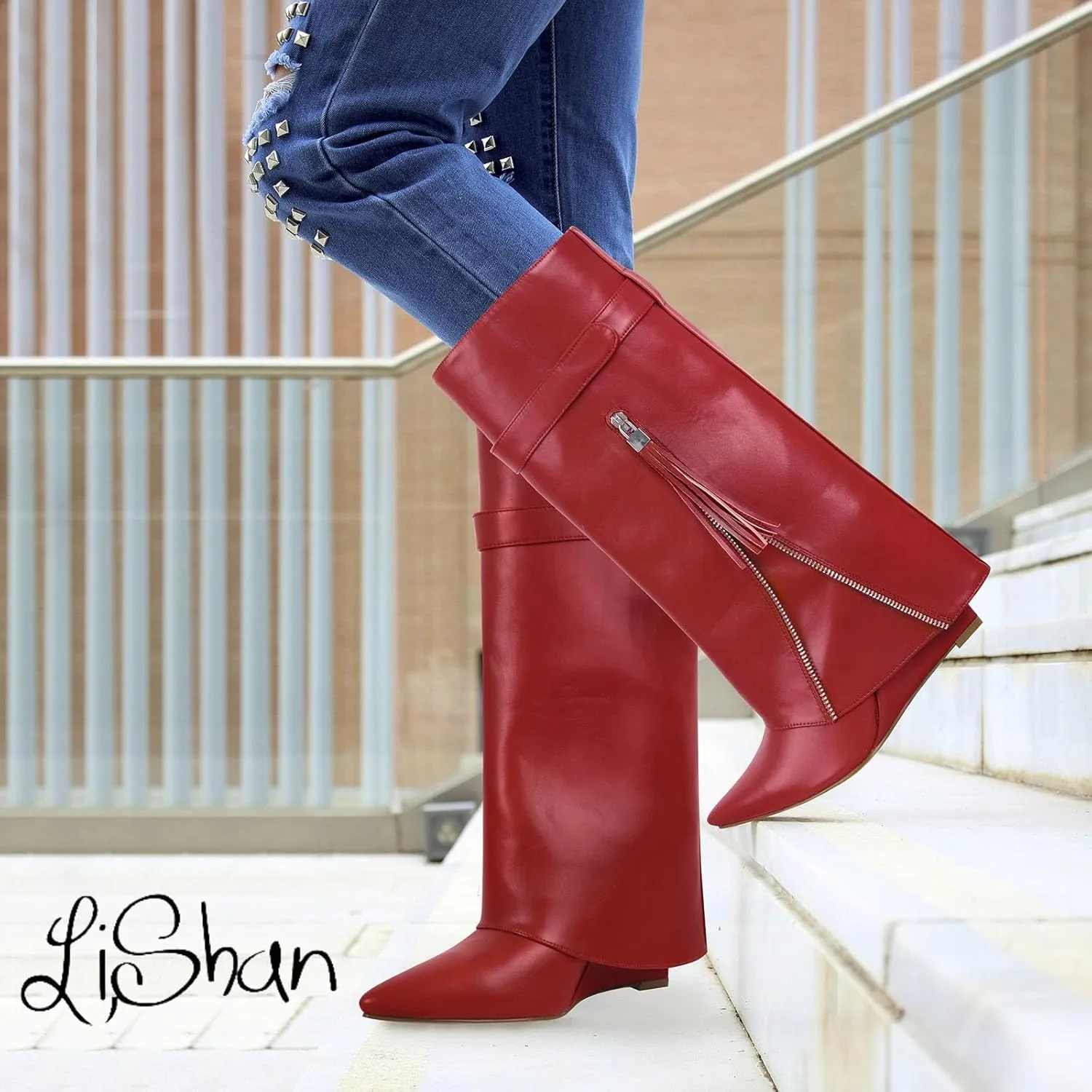 LISHAN Women's Knee High Fold over Wedge Heel Long Shark Boots Pull on Shoes