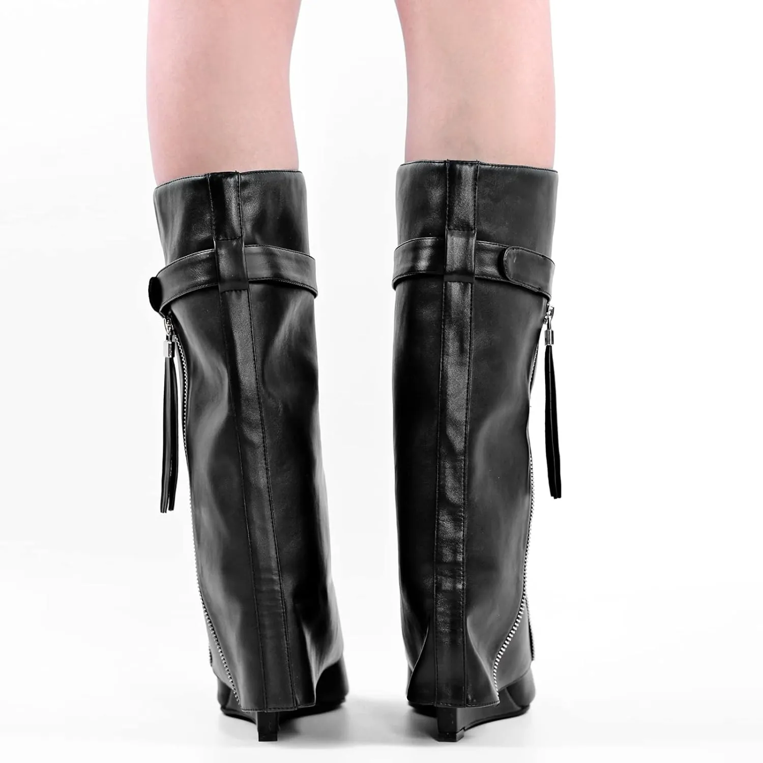LISHAN Women's Knee High Fold over Wedge Heel Long Shark Boots Pull on Shoes