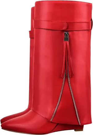 LISHAN Women's Knee High Fold over Wedge Heel Long Shark Boots Pull on Shoes