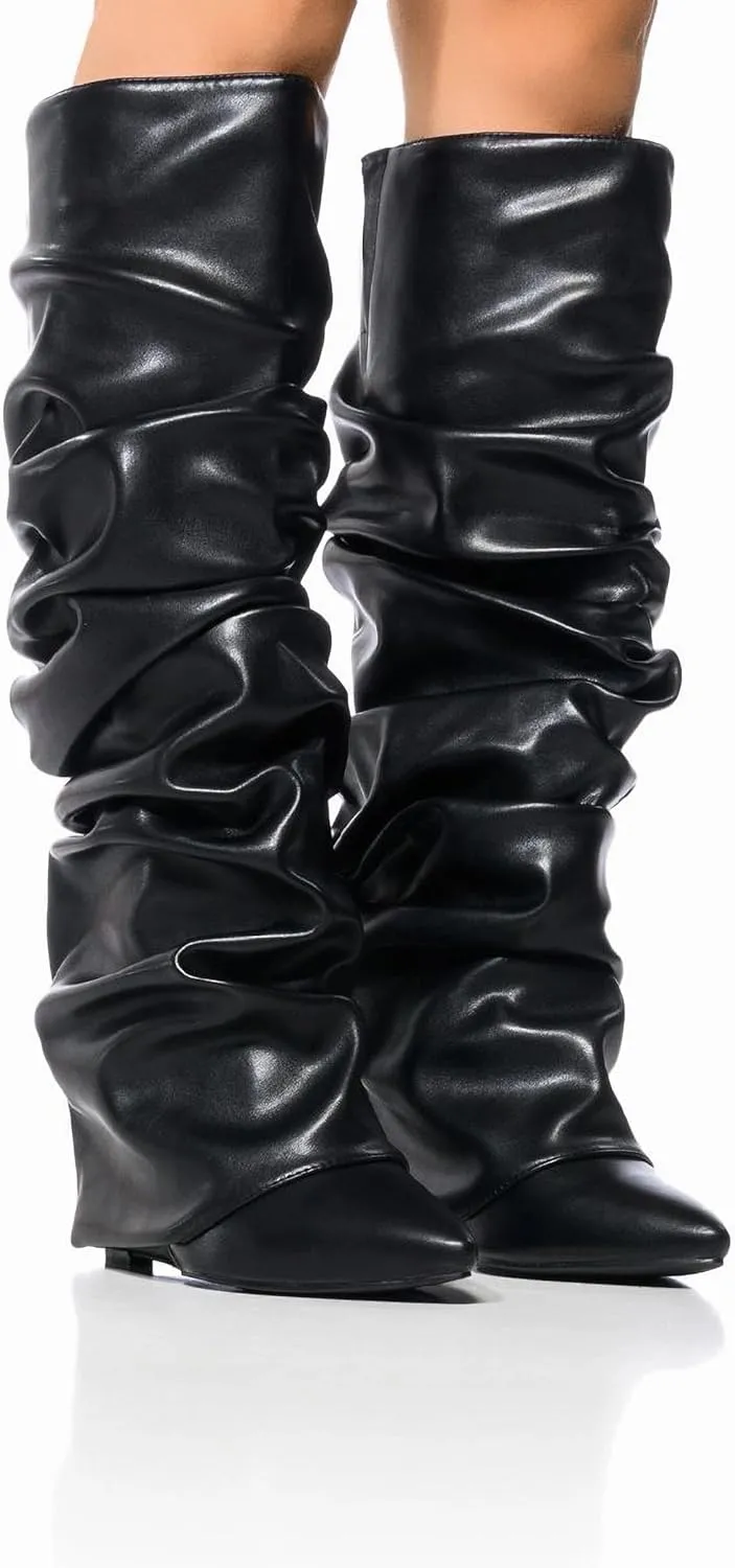 LISHAN Women's Knee High Fold over Wedge Heel Long Shark Boots Pull on Shoes