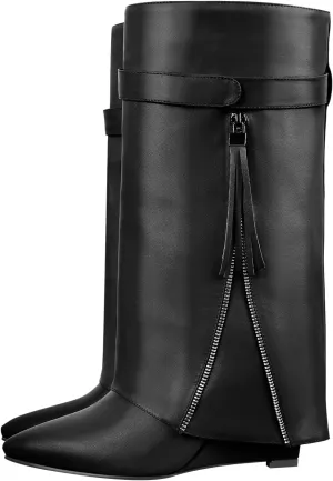 LISHAN Women's Knee High Fold over Wedge Heel Long Shark Boots Pull on Shoes