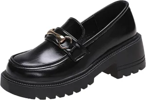 Loafers for Women Women's Casual Leather Platform Flat Shoes with Buckle Stylish All-Match Footwear for Spring and Autumn