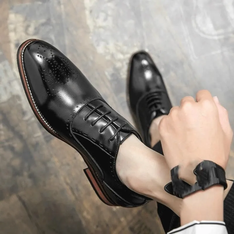 Mens Black All-Match Shoes Genuine Leather Breathable Oxford Shoes Men Luxury Dress Shoes Slip On Wedding Shoes Lace-up Leather Brogues