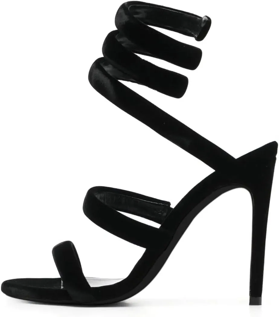 miss left Women Sexy Ankle Strappy Sandals Soft Velvet Open Round Toe Pumps Stiletto High Heel Pull On Shoes for Wedding Event Dress Size 4-16 US