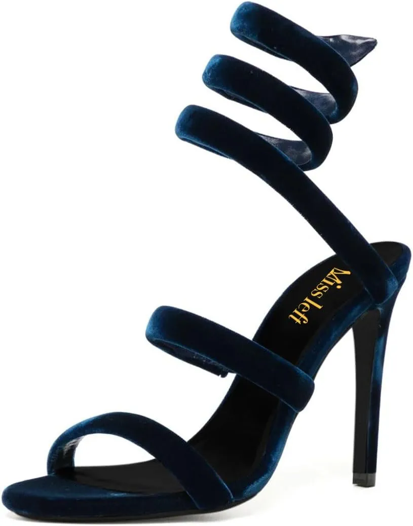 miss left Women Sexy Ankle Strappy Sandals Soft Velvet Open Round Toe Pumps Stiletto High Heel Pull On Shoes for Wedding Event Dress Size 4-16 US