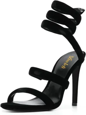 miss left Women Sexy Ankle Strappy Sandals Soft Velvet Open Round Toe Pumps Stiletto High Heel Pull On Shoes for Wedding Event Dress Size 4-16 US