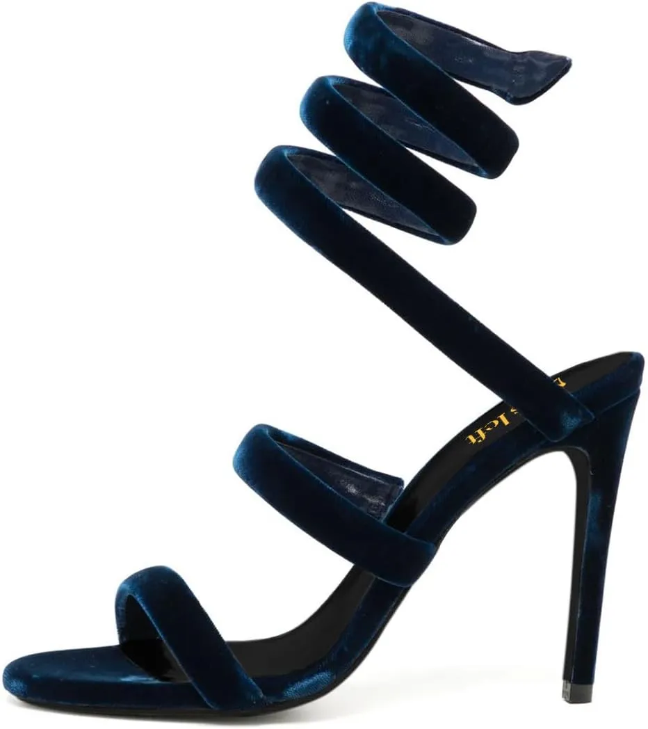 miss left Women Sexy Ankle Strappy Sandals Soft Velvet Open Round Toe Pumps Stiletto High Heel Pull On Shoes for Wedding Event Dress Size 4-16 US