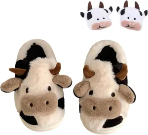 MIXILU Cartoon Cow Cotton Slippers, Cute Cozy Fuzzy Animal Slippers, Winter Indoor Outdoor Slippers for Women
