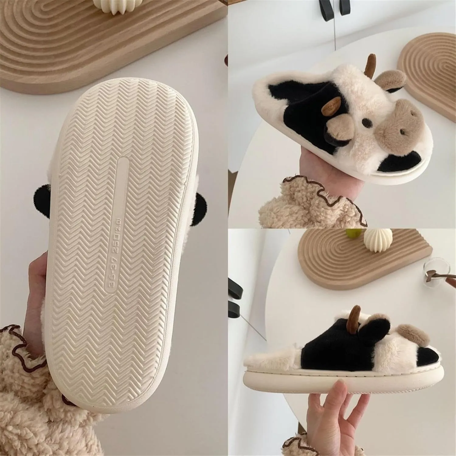 MIXILU Cartoon Cow Cotton Slippers, Cute Cozy Fuzzy Animal Slippers, Winter Indoor Outdoor Slippers for Women
